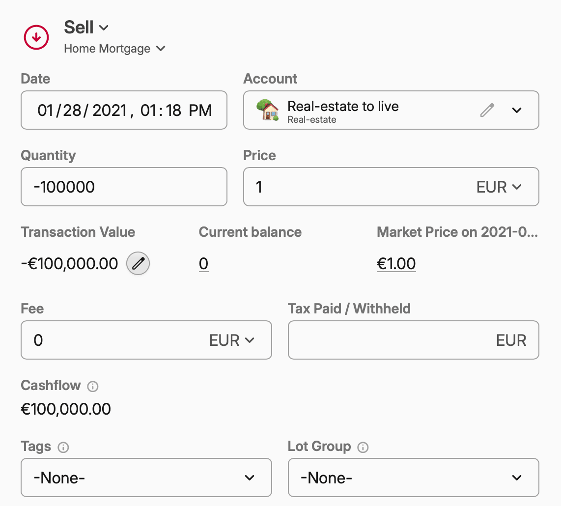 Screenshot of a home mortgage sale transaction entry with fields for date, account, quantity, price, fees, and cashflow in EUR.